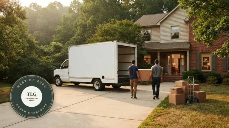 Movers carrying a box from an unmarked truck into a house, illustrative, with the Longleaf Group Best of 2026 South Charlotte badge