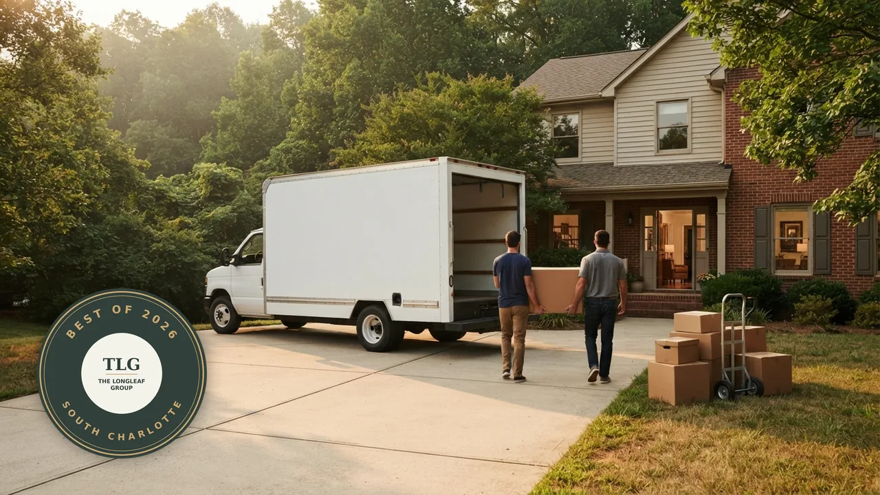 Movers carrying a box from an unmarked truck into a house, illustrative, with the Longleaf Group Best of 2026 South Charlotte badge