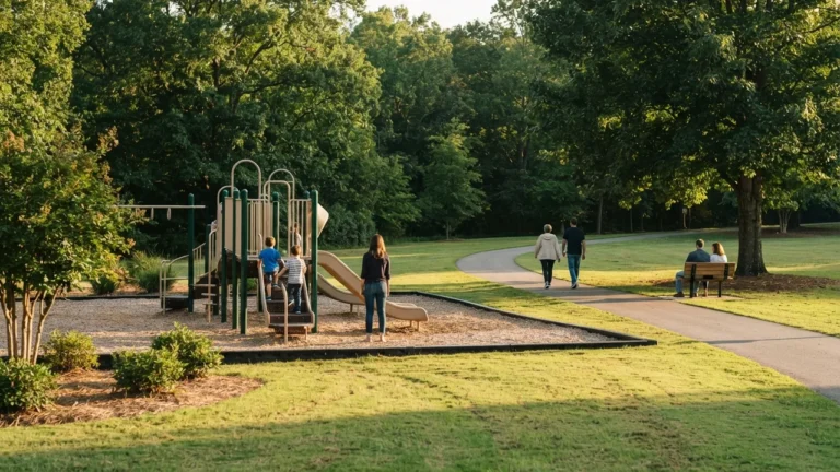 Best parks in Matthews NC: a neighborhood park in use at golden hour, with a playground, a paved walking trail and a bench under a shade tree. Illustrative Piedmont scene, not one of the named Matthews parks.