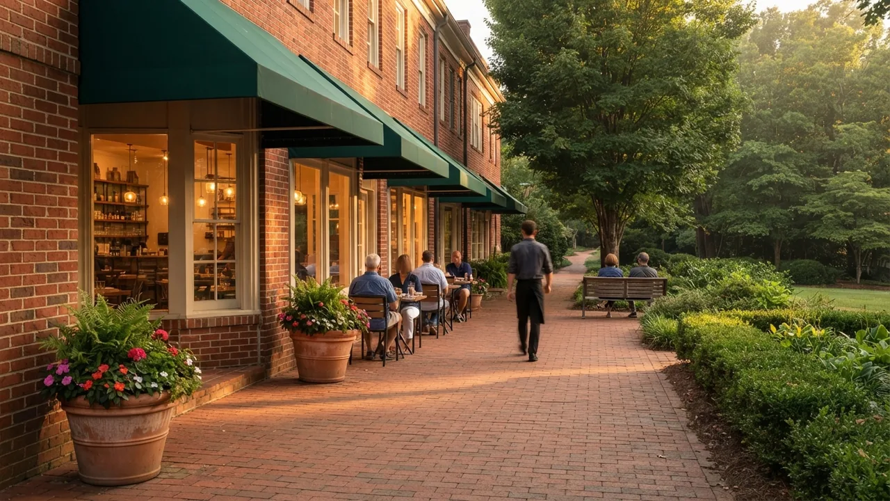 Best restaurants in Waxhaw NC, illustrated: outdoor tables in use along a brick storefront row at golden hour in late September. Illustrative scene, not a specific Waxhaw restaurant.
