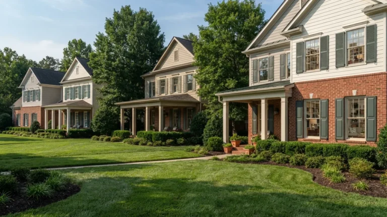 A row of brick and siding two storey homes in the North Carolina Piedmont, the kind of housing stock Mecklenburg County reappraises, illustrative rather than a specific address.