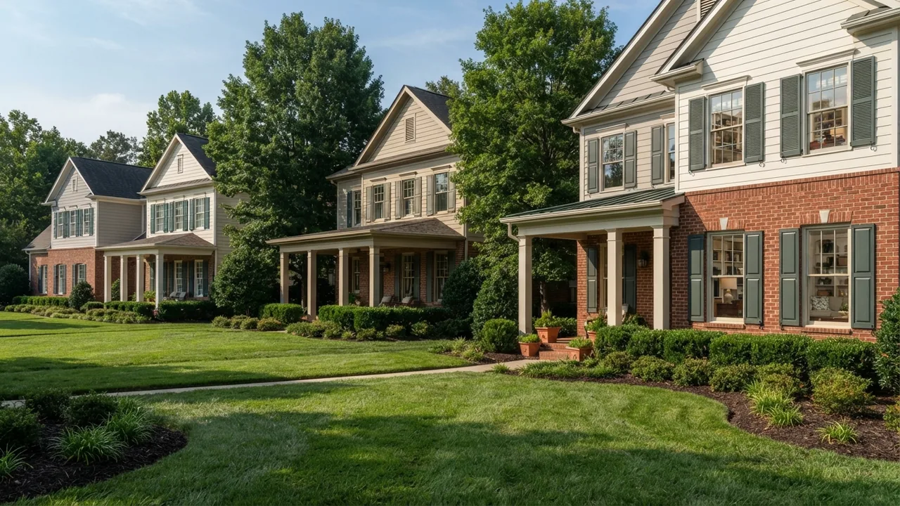 A row of brick and siding two storey homes in the North Carolina Piedmont, the kind of housing stock Mecklenburg County reappraises, illustrative rather than a specific address.
