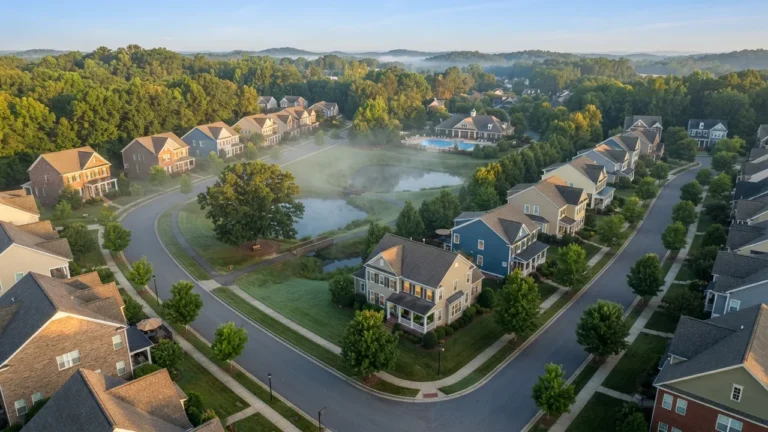 Illustrative early-morning aerial of a master-planned Piedmont neighborhood with ponds and walking paths, standing in for Cureton in Waxhaw; not a photograph of Cureton itself