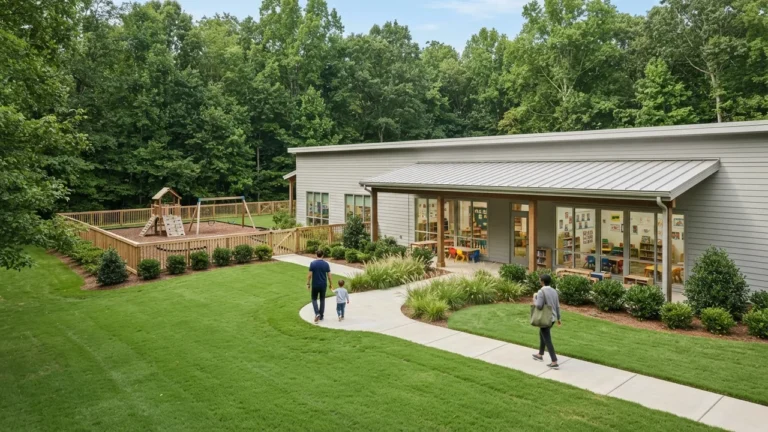 Illustrative photo for daycare in Waxhaw NC: a generic single-story child care center with a fenced play yard at morning drop-off, not any specific Waxhaw center