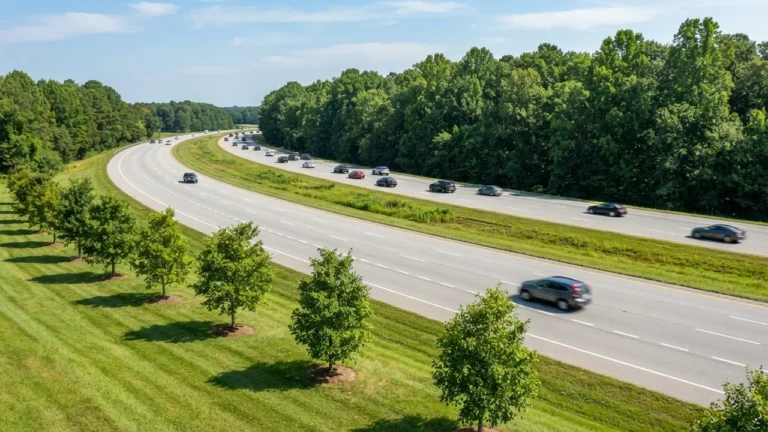 Traffic on a clean, landscaped Piedmont interstate on a bright September day, an illustrative scene for the Fort Mill commute to Charlotte rather than I-77 itself.
