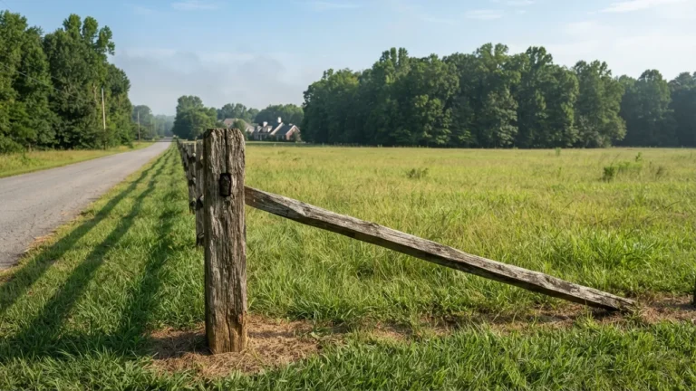 Open Piedmont field and rural road near the Indian Land building moratorium area, with distant houses beyond the tree line