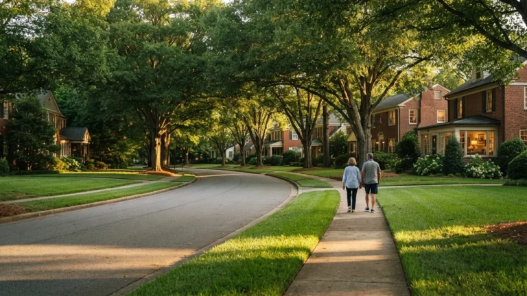 A couple deciding where to live in South Charlotte walks a tree-lined residential sidewalk at golden hour.
