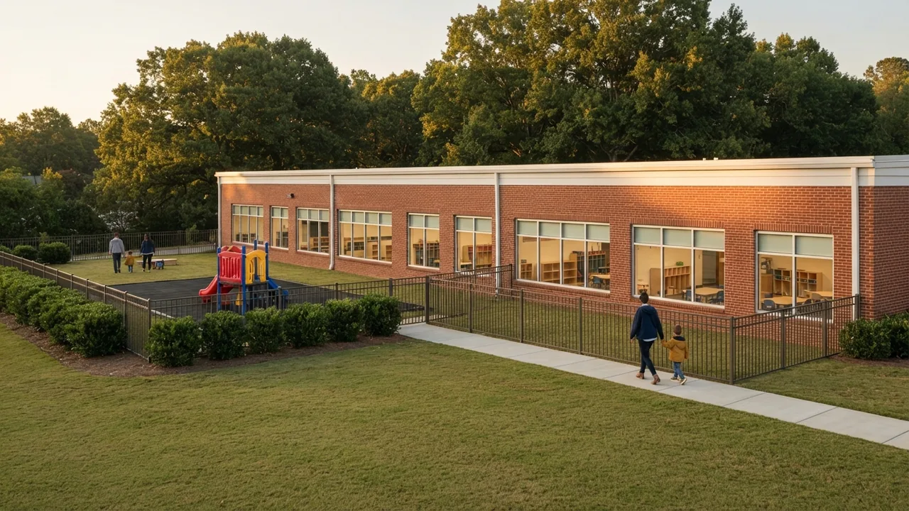 Illustrative photo for a best daycare in Matthews NC ranking: a generic brick early learning building and fenced play yard at golden hour, not a specific center