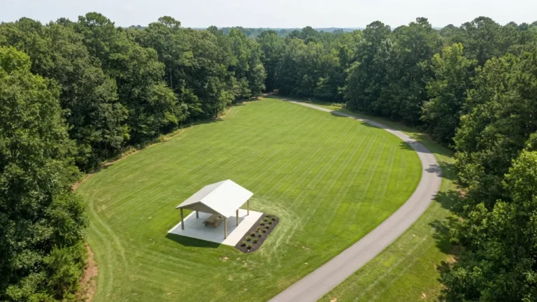 Matthews NC parks, illustrated: an aerial view of an unnamed North Carolina Piedmont neighborhood park with a mown open field, one looping paved path and a single picnic shelter. Illustrative scene, not any named Matthews park.