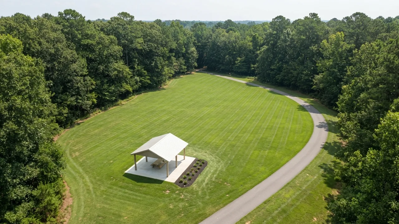 Matthews NC parks, illustrated: an aerial view of an unnamed North Carolina Piedmont neighborhood park with a mown open field, one looping paved path and a single picnic shelter. Illustrative scene, not any named Matthews park.