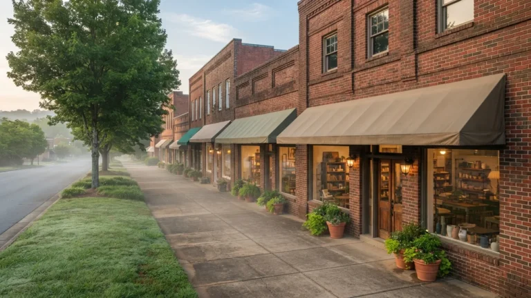 Illustrative Piedmont storefront row, not a specific South Charlotte town, for a story on the Mecklenburg County sales tax