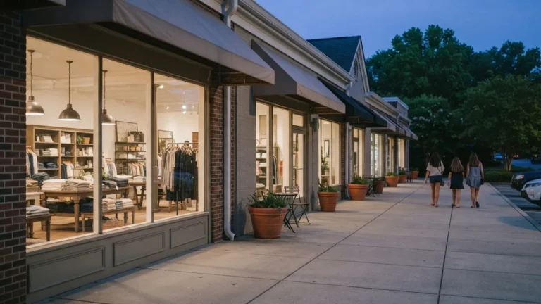 Shoppers on a suburban storefront row at dusk, where the Mecklenburg County sales tax is added at the register.