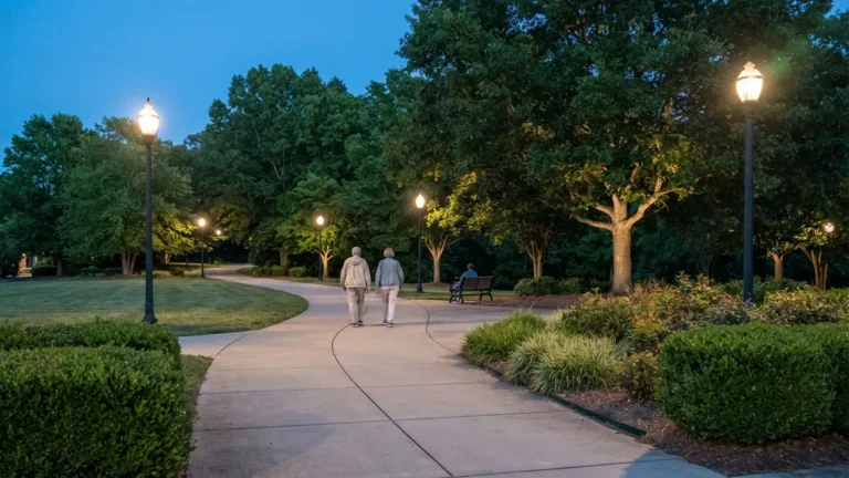 A lit park path at dusk, the kind of evening use Mint Hill daily life supports across its three town parks. Illustrative, not a specific Mint Hill park.