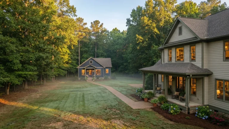 A detached backyard accessory dwelling unit, or ADU, behind a larger main house on a deep private lot at first light.