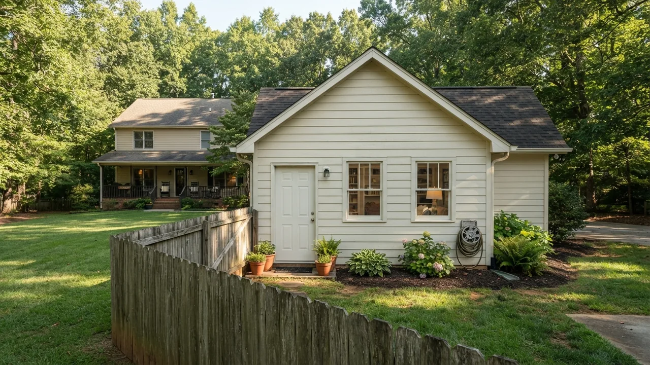 An illustrative backyard cottage behind a Piedmont home, showing the kind of building the NC ADU law covers