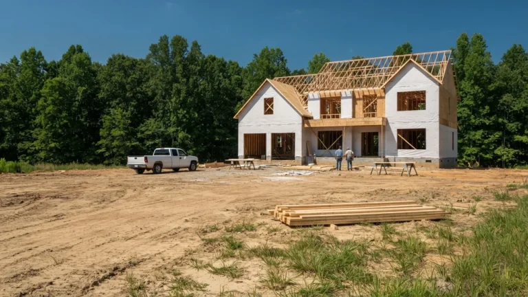 A large new home under construction on a wide cleared lot, showing why new homes in Weddington sit in small subdivisions.