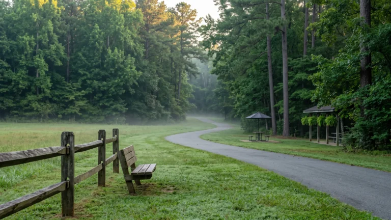 Illustrative Piedmont greenway and picnic shelter scene standing in for the new South Charlotte parks in this story, not a photograph of any of them