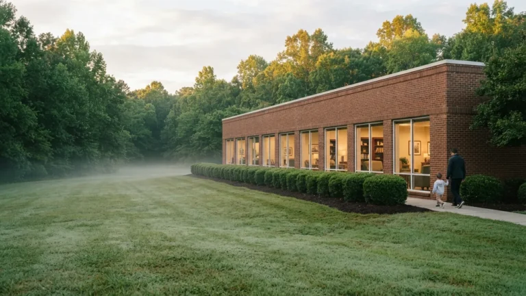 Pediatricians near Waxhaw NC: an adult and child walk a path beside a generic brick medical office on a misty morning. Illustrative scene, not a specific practice.