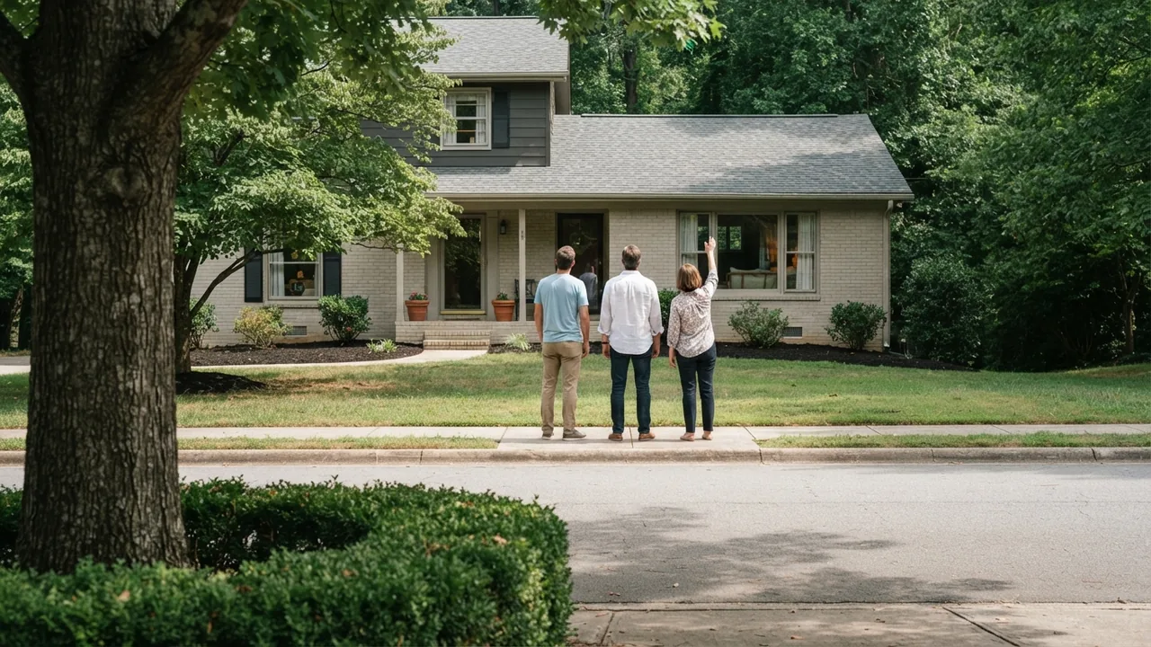Three adults relocating to Charlotte stand at the curb on a quiet suburban street, looking up at a home during a mid-morning tour.