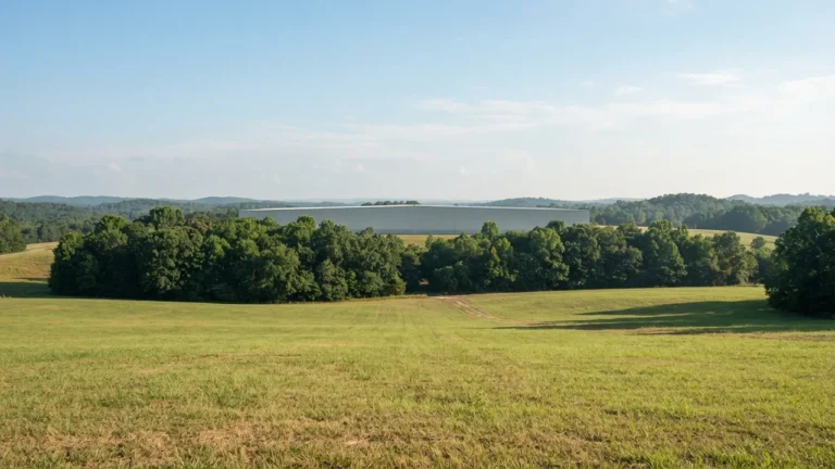 Open field in the Carolina Piedmont looking toward an anonymous light industrial building behind a treeline, illustrative and not the Silfab site