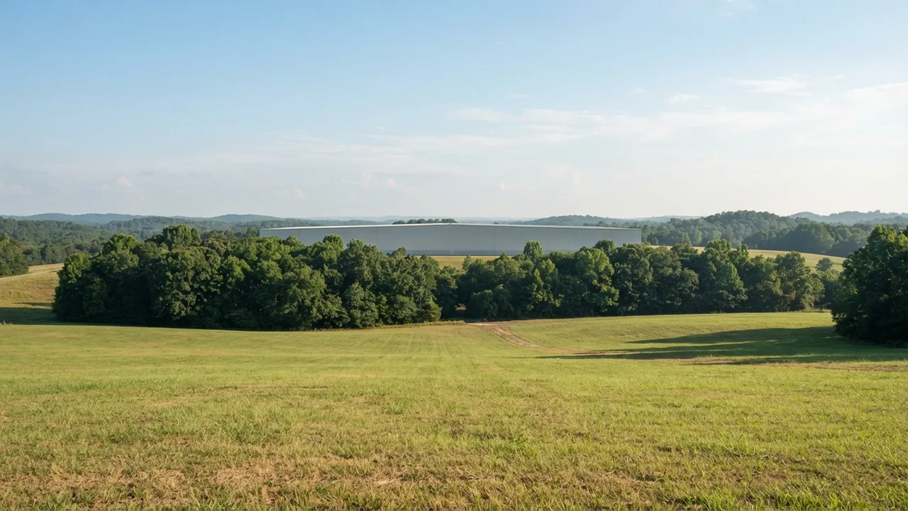 Open field in the Carolina Piedmont looking toward an anonymous light industrial building behind a treeline, illustrative and not the Silfab site