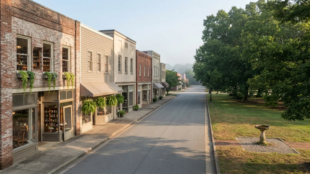 An unnamed Piedmont main street in mid September, an illustrative stand-in rather than a photograph of any town named in this South Charlotte fall events guide.