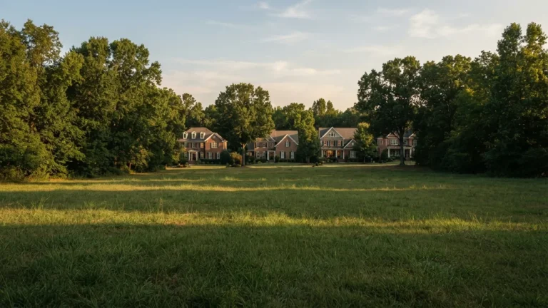 Open Piedmont common with ordinary South Charlotte homes beyond the tree line, illustrating South Charlotte home prices by town
