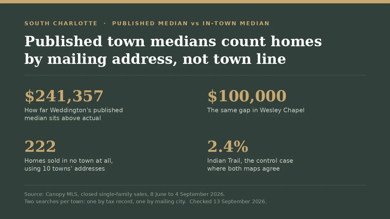 South Charlotte home prices by town: the gap between published and in-town medians, Weddington $241,357 and Wesley Chapel $100,000