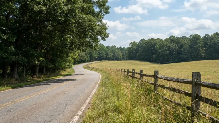 A quiet two-lane Piedmont road beside open farmland, an illustrative stand-in for the undeveloped Union County land where a building moratorium question actually gets decided