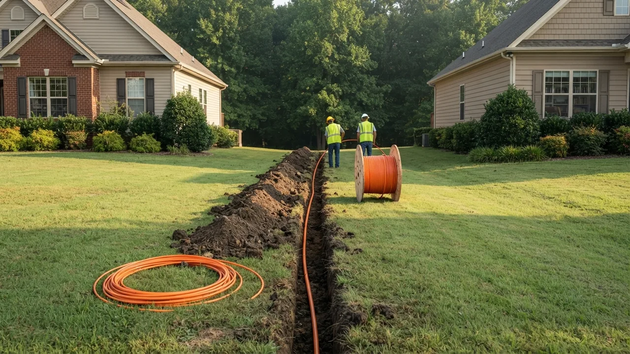 Crews laying bright orange fiber internet conduit into an open trench across a lawn between two suburban houses, an illustrative scene of Union County fiber internet construction rather than a specific location