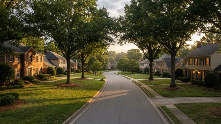 Quiet residential street in the North Carolina Piedmont at golden hour, illustrative of the neighborhoods where Union County school assignment questions come up