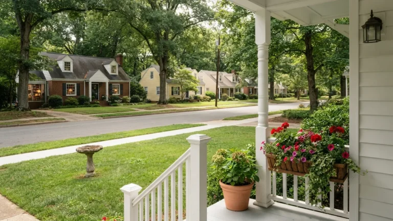Union County tax increase story illustration: a generic North Carolina Piedmont residential street seen from a front porch in late summer, not a specific Union County location