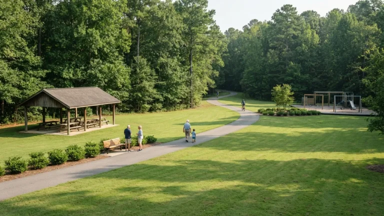 Waxhaw NC things to do, illustrated: a generic Piedmont town park on a late September morning with a paved path, a picnic shelter and a playground. Illustrative scene, not a specific Waxhaw park.