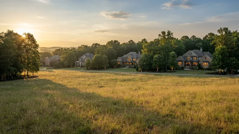 Large custom homes on one-acre wooded lots at golden hour, an illustrative Piedmont scene rather than a photograph of new homes in Weddington