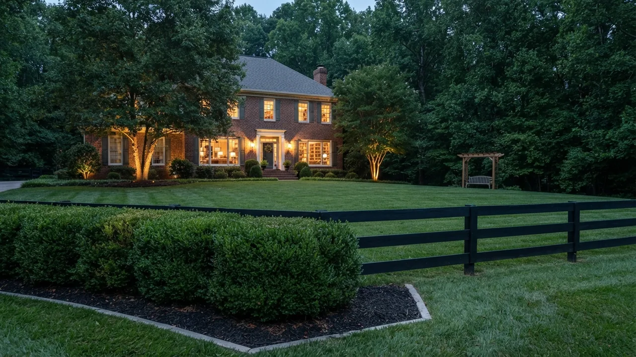 A lit Piedmont home at dusk behind a clipped hedge and fence line, an illustrative scene for what county is Stallings NC in rather than a photograph of Stallings itself.