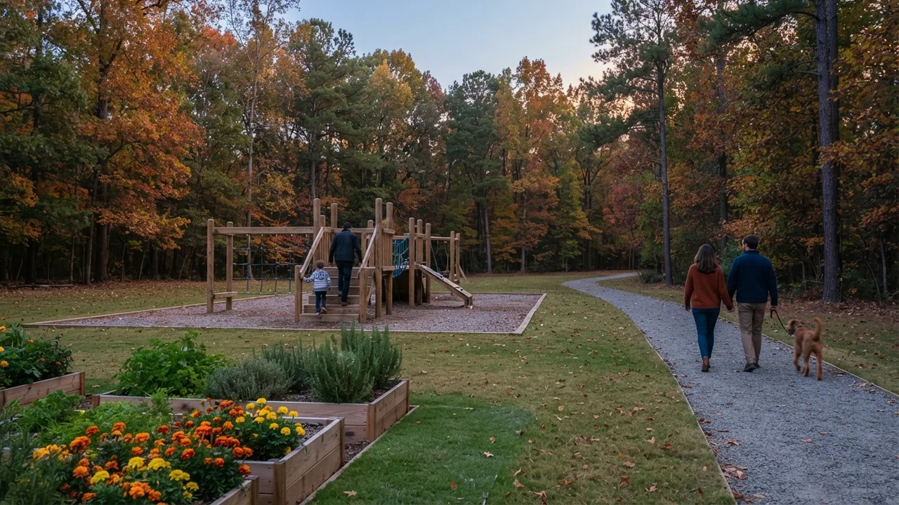 Illustrative autumn park scene at dusk with raised garden beds, a wooden playground in use and a couple walking a leashed dog on a gravel path, standing in for Marvin Efird Park