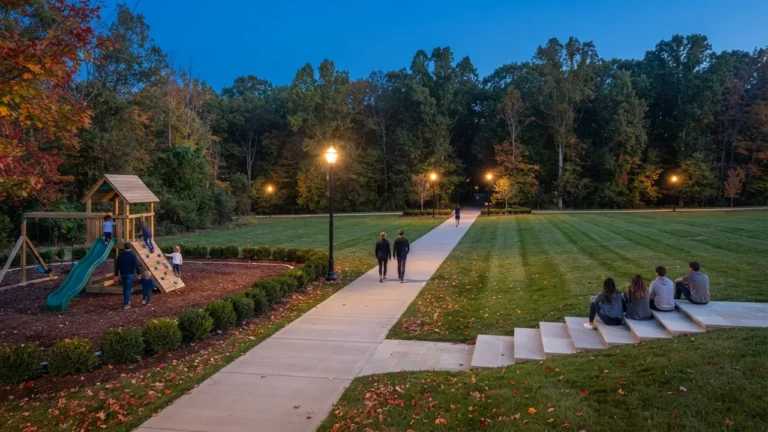 An illustrative town park at dusk with a lit greenway path and a play structure in use, standing in for Monroe NC parks and recreation rather than a named site.