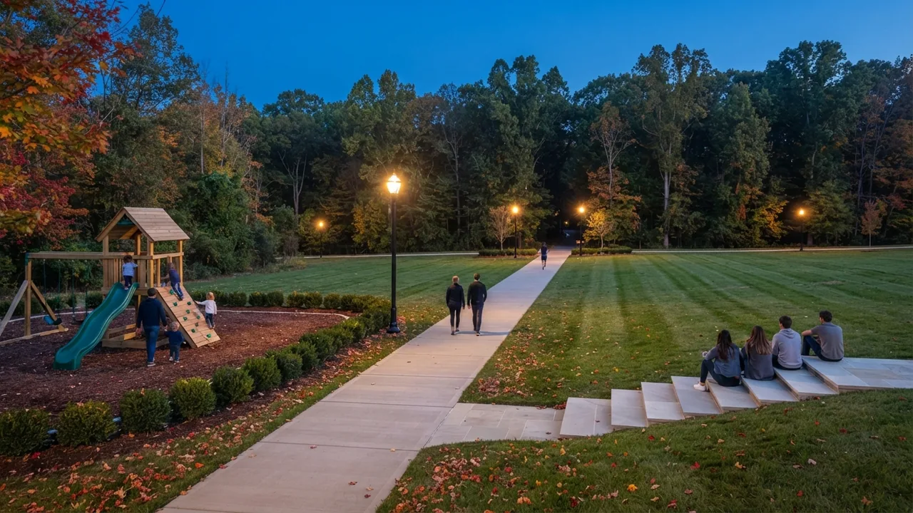 An illustrative town park at dusk with a lit greenway path and a play structure in use, standing in for Monroe NC parks and recreation rather than a named site.