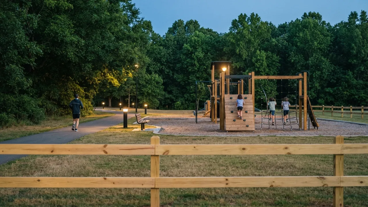 A paved walking loop, play structure and bench at dusk, illustrating the parks in Indian Trail NC rather than a specific named park