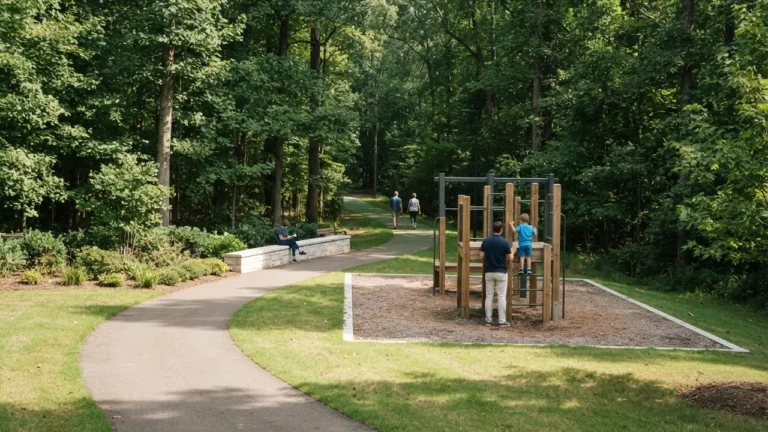 A playground and a walking path in use at one of the parks in Mint Hill NC, an illustrative Piedmont park scene rather than a photograph of a named park