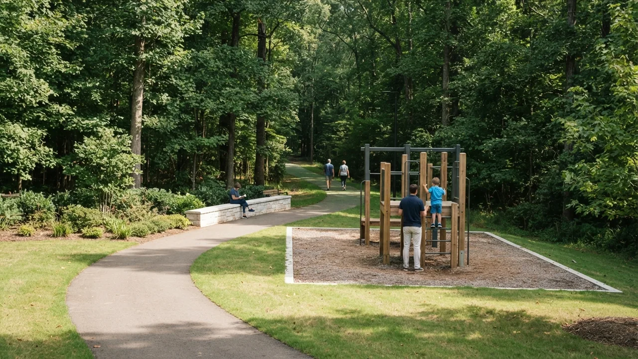A playground and a walking path in use at one of the parks in Mint Hill NC, an illustrative Piedmont park scene rather than a photograph of a named park