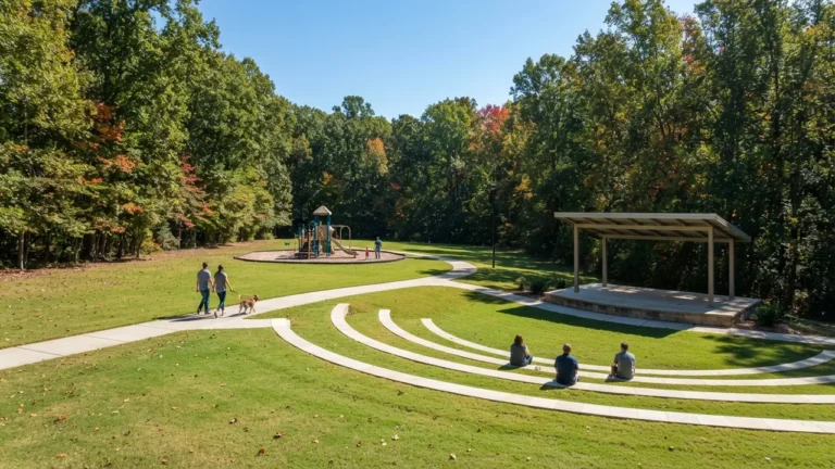 Things to do in Indian Trail NC: an illustrative scene of a town park in October with people on amphitheater steps, a couple walking a leashed dog and a playground in use