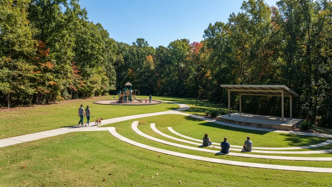 Things to do in Indian Trail NC: an illustrative scene of a town park in October with people on amphitheater steps, a couple walking a leashed dog and a playground in use