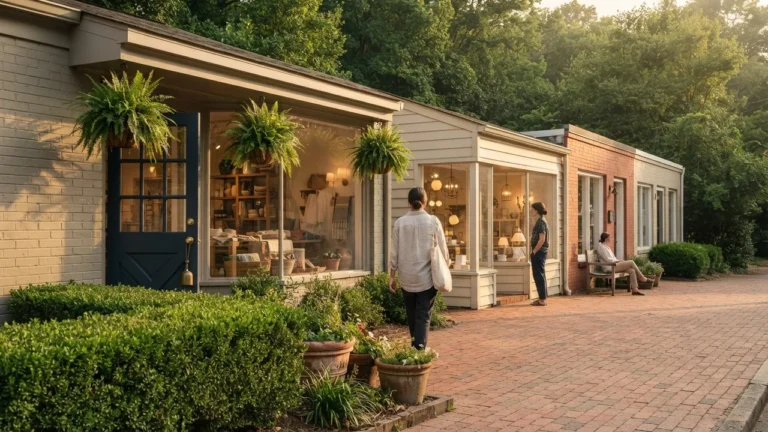 A row of small shops at golden hour, an illustrative Piedmont scene rather than a photograph of any Weddington NC business