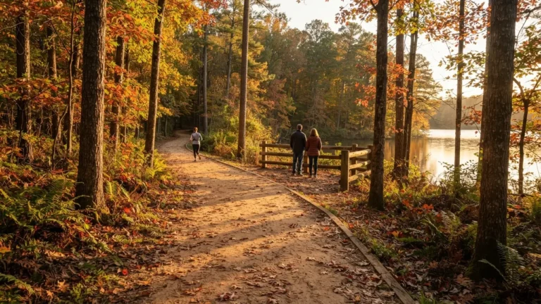 Illustrative fall trail scene for what is Fort Mill SC known for: walkers at a lake overlook and a jogger on a wooded trail at golden hour, not a photograph of the Greenway