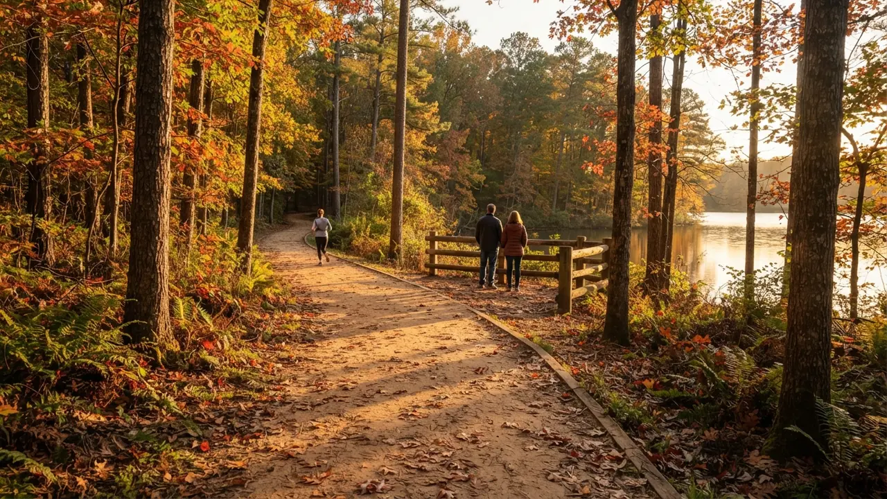 Illustrative fall trail scene for what is Fort Mill SC known for: walkers at a lake overlook and a jogger on a wooded trail at golden hour, not a photograph of the Greenway