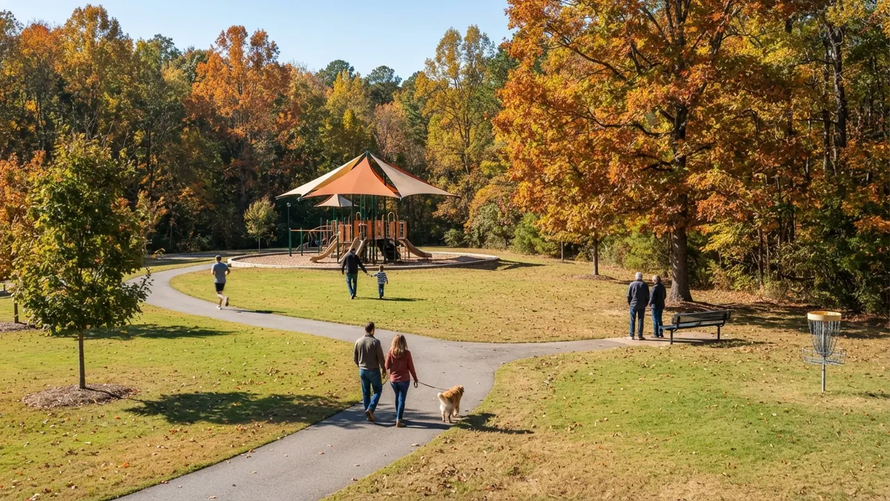 What Indian Trail NC is known for: an illustrative autumn park scene with a shaded playground, a walking loop and a disc golf basket, not a photo of a specific Indian Trail park