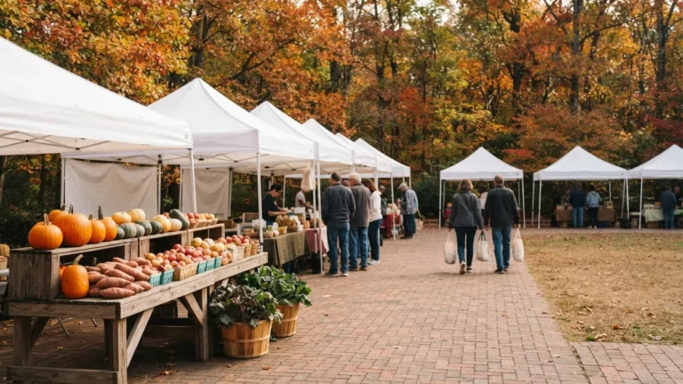 What is Matthews NC known for: an illustrative Saturday farmers market scene under fall trees, not a photograph of the Matthews market