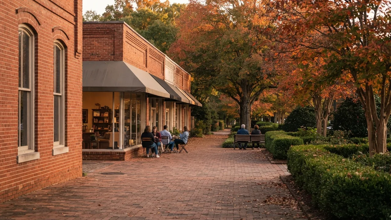 Illustrative scene of a brick downtown promenade in autumn with people at outdoor tables, for a guide to what is Monroe NC known for; not a photograph of Monroe