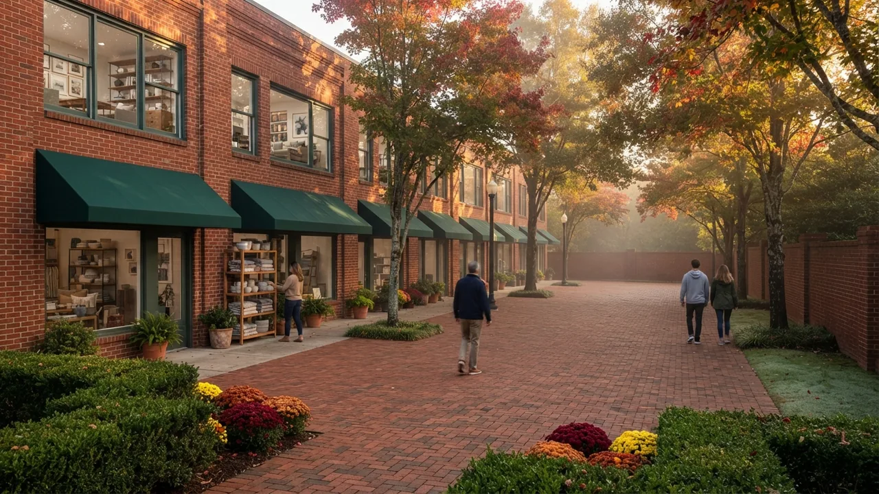 Illustrative early-morning fall scene of a small-town brick plaza with storefronts and people walking, used for a guide to what Rock Hill SC is known for; not a photograph of Rock Hill